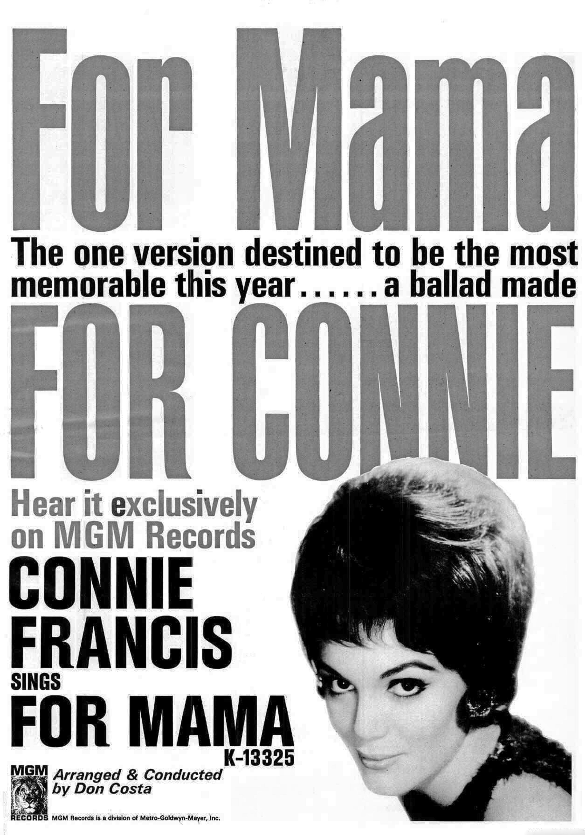 A M-G-M RECORDS AD BILLBOARD PAGE RIP: “For Mama” CONNIE FRANCIS February 20, 1965 (click on image 2x for largest view)