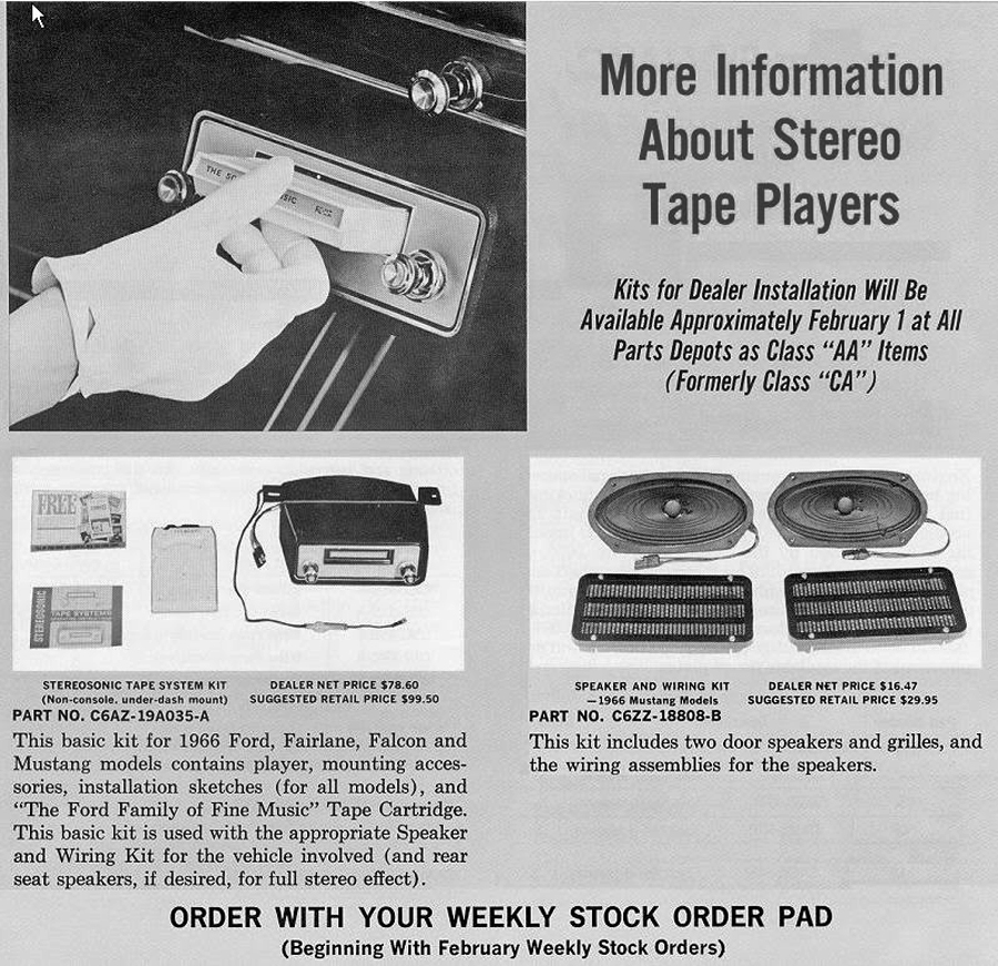 A Ford Motor Company marketing ad of the company's available (optional) 8-Track tape player kits for all-new model Ford vehicles, for 1966.